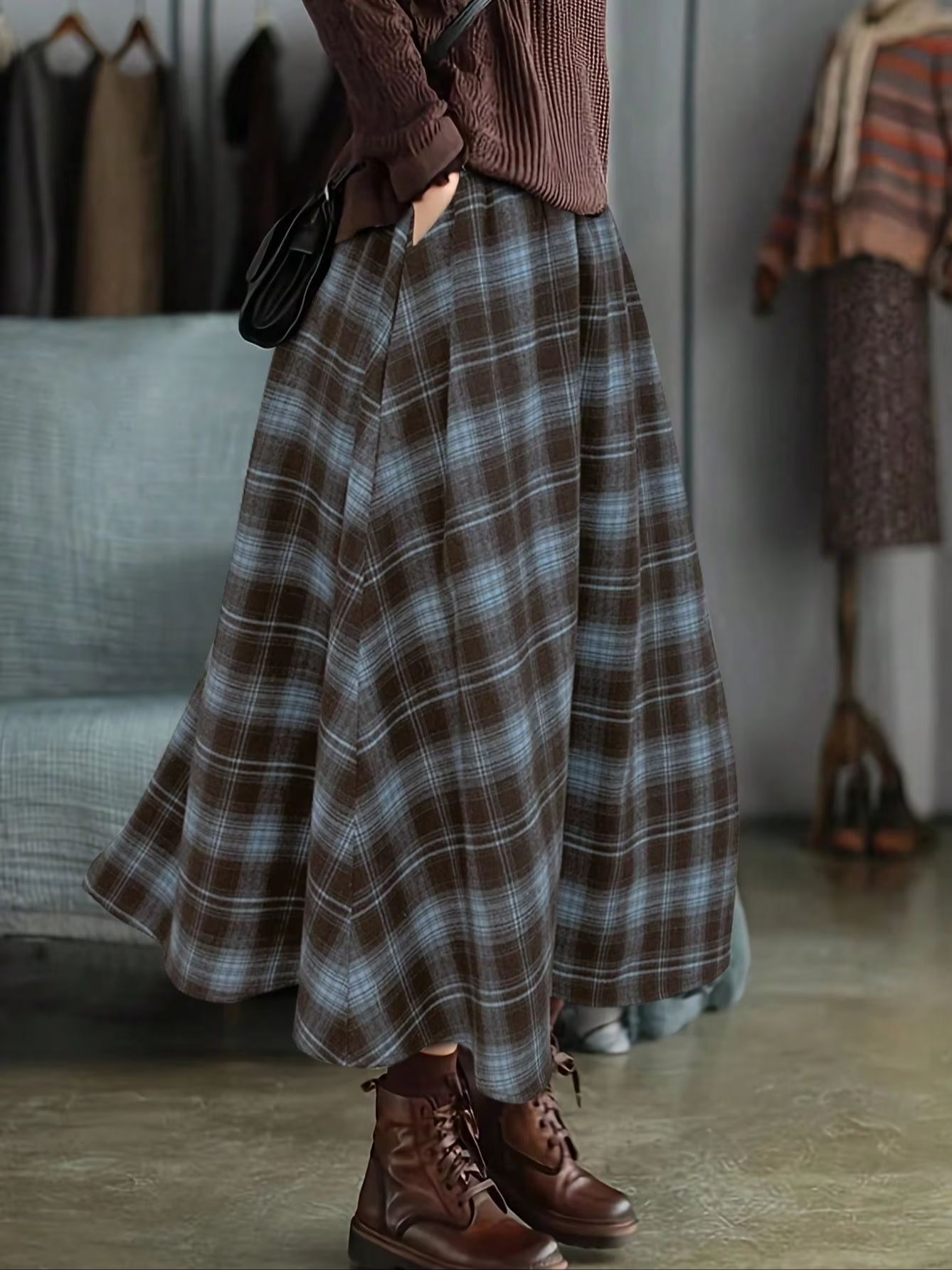 Rok A-line kotak-kotak vintage - Coffee Tea Weight Loss ulasan dan harga